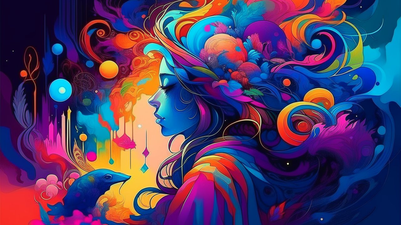 Vibrant Abstract Portrait of a Woman with Surreal Elements