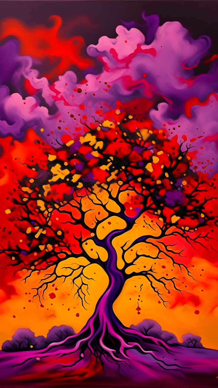 Vibrant Abstract Tree with Fiery Colors