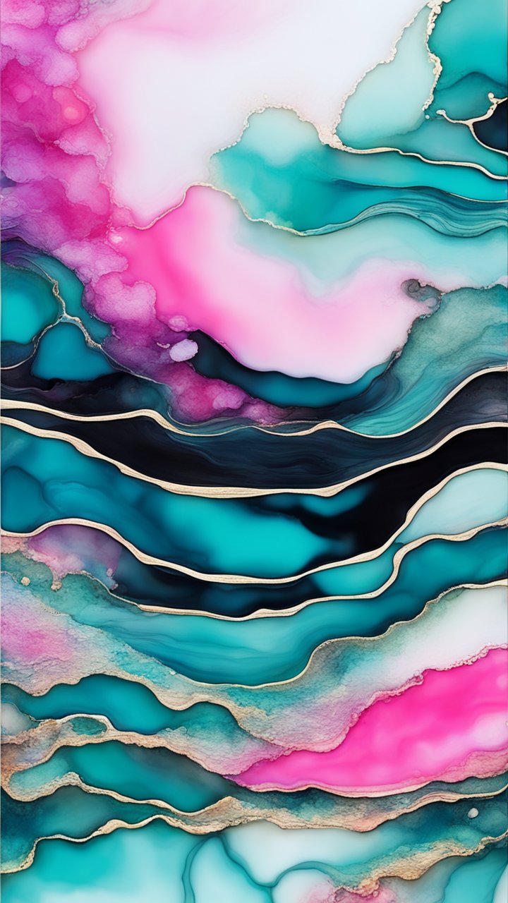Vibrant Alcohol Ink Abstract Art with Pink and Teal Layers