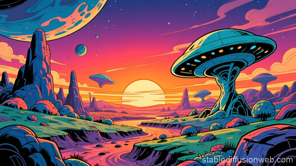 Vibrant Alien Planet Sunset with Futuristic Landscape