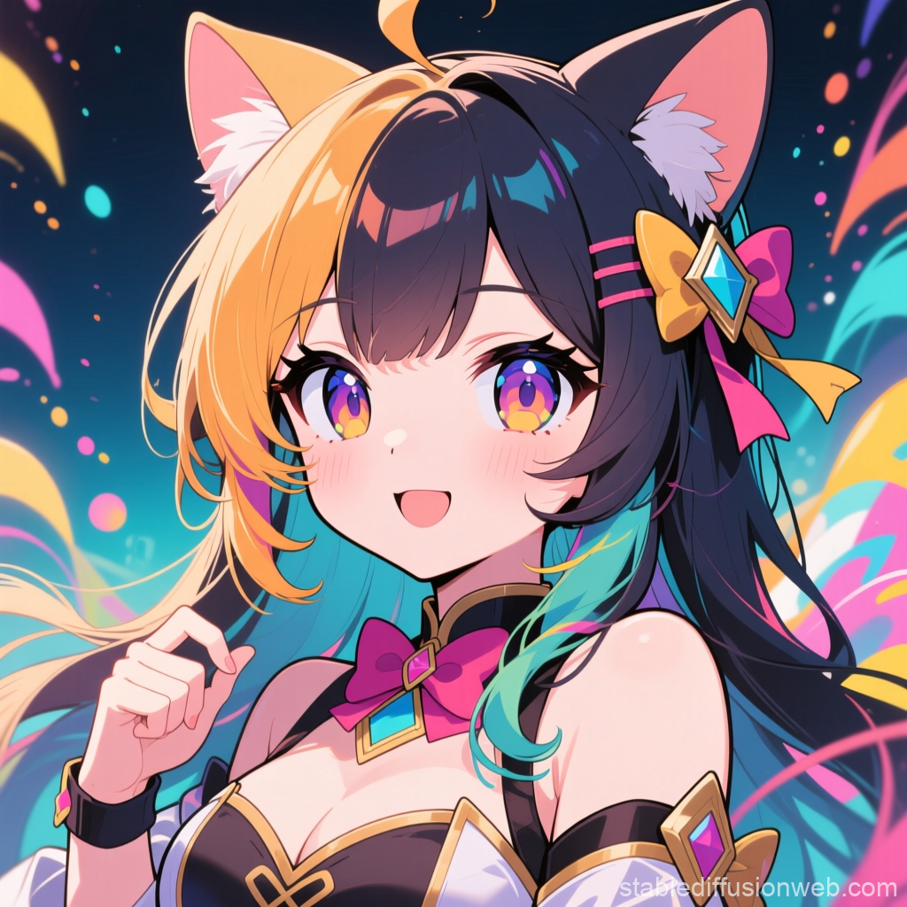 Vibrant Anime Cat Girl with Colorful Hair and Accessories