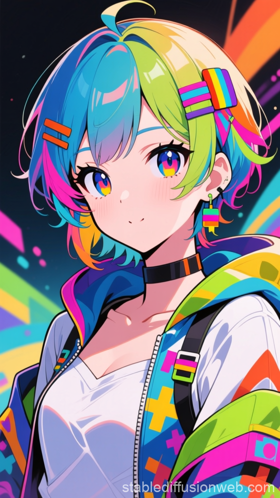Vibrant Anime Character with Rainbow Hair and Accessories