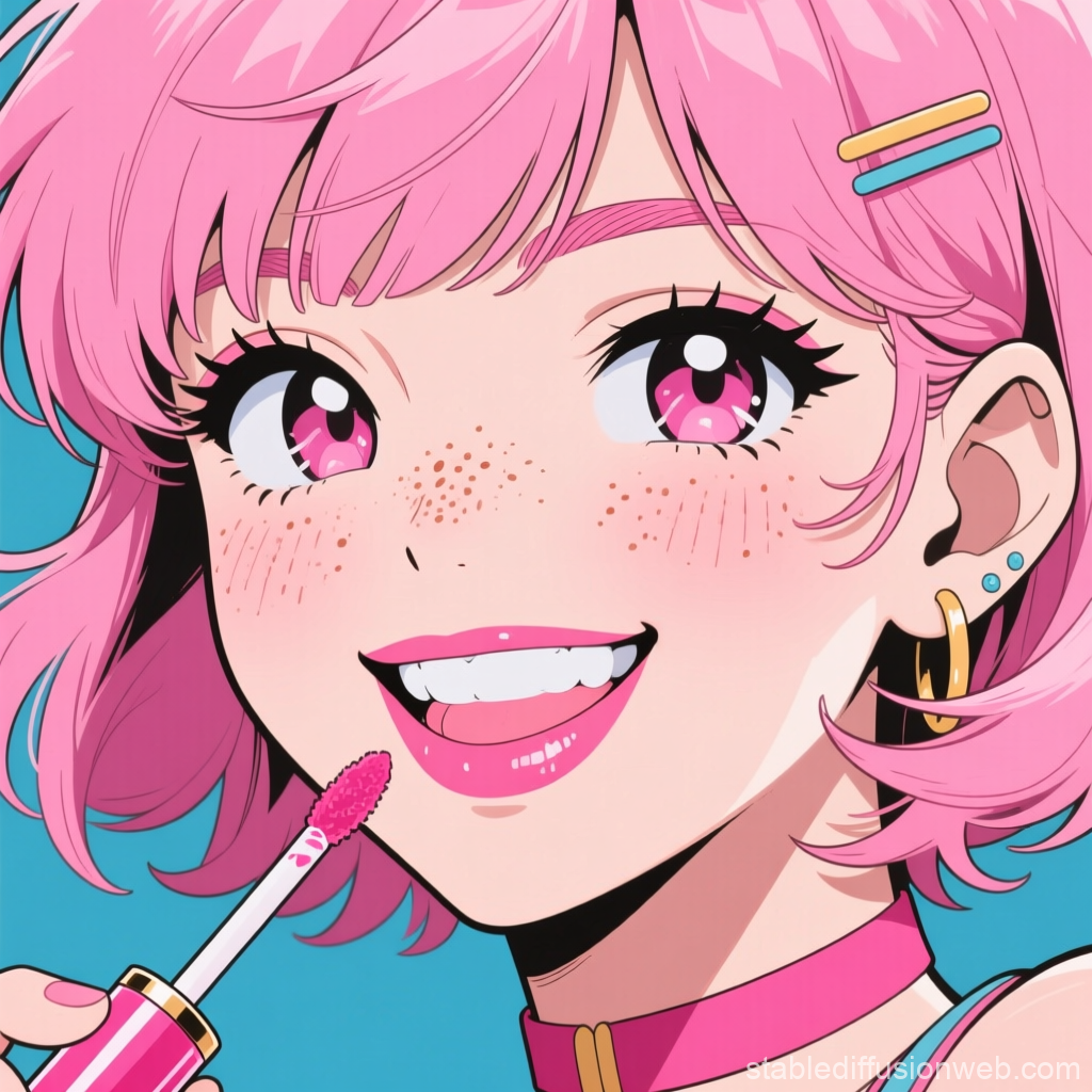 Vibrant Anime Girl Applying Pink Lip Gloss