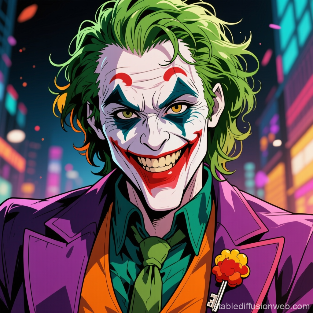 Vibrant Anime Style Joker Portrait in Neon City