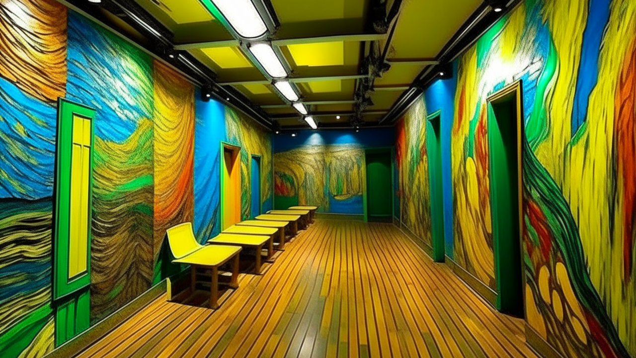 Vibrant Art Museum Hallway with Colorful Wall Murals