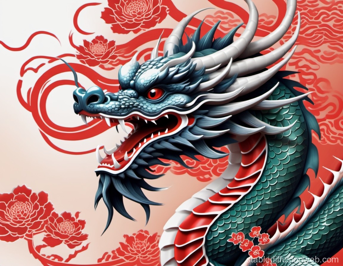 Vibrant Asian Dragon with Red Floral Background