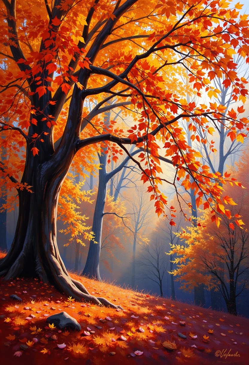 Vibrant Autumn Forest with Glowing Orange Leaves