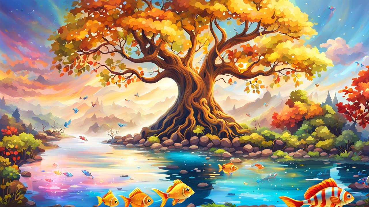 Vibrant Autumn Tree by a Flowing River with Colorful Fish