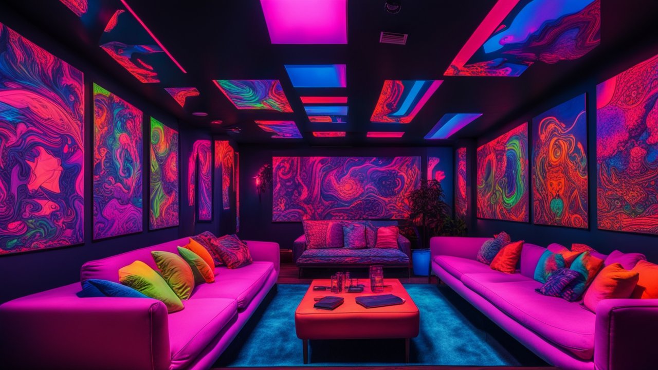 Vibrant Blacklight Lounge with Psychedelic Art