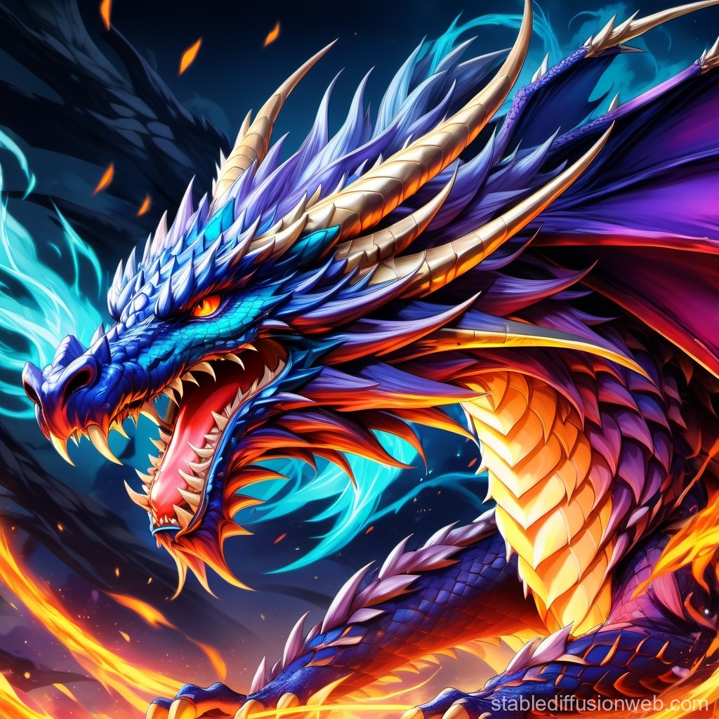 Vibrant Blue and Gold Dragon Breathing Fire