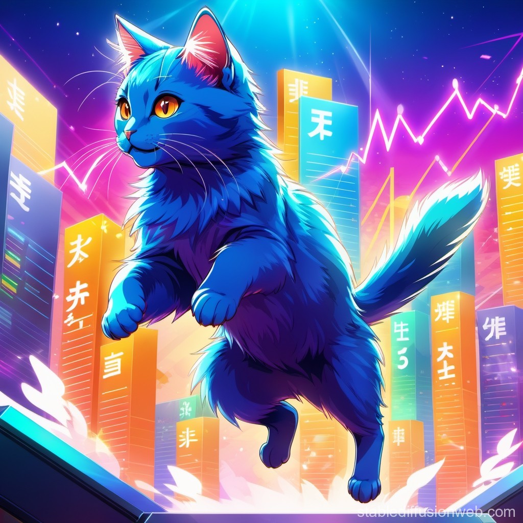 Vibrant Blue Cat Leaping in Neon Cityscape