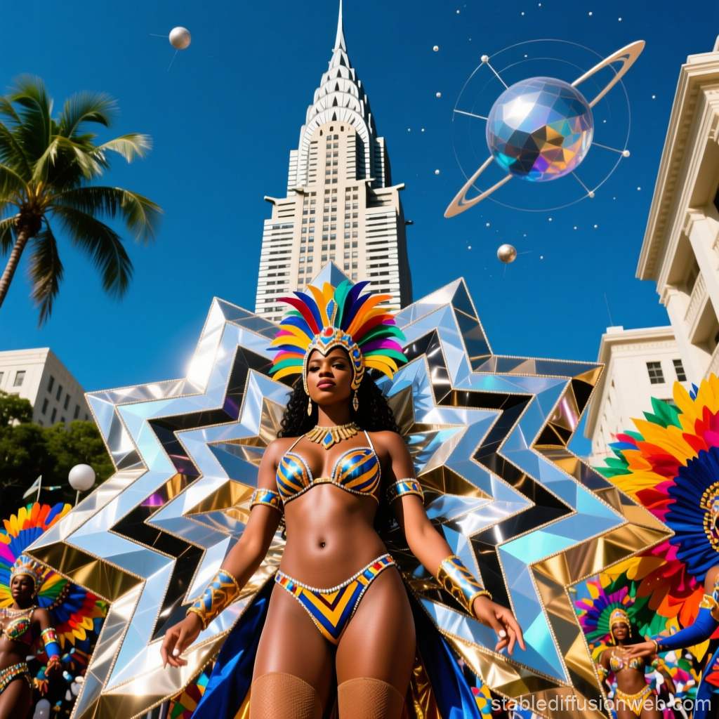 Vibrant Carnival Dancer with Futuristic Cosmic Backdrop