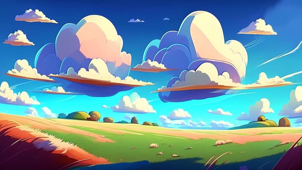 Vibrant Cartoon Landscape with Magical Clouds