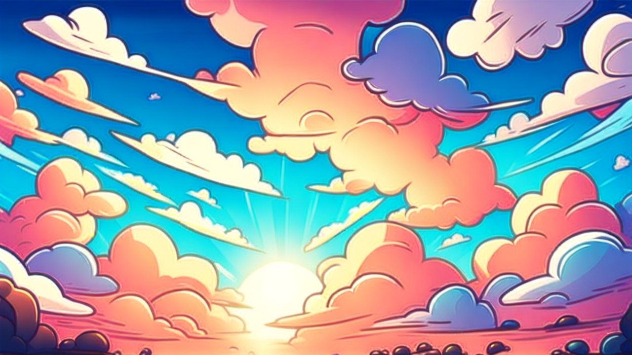 Vibrant Cartoon Sunrise with Colorful Clouds