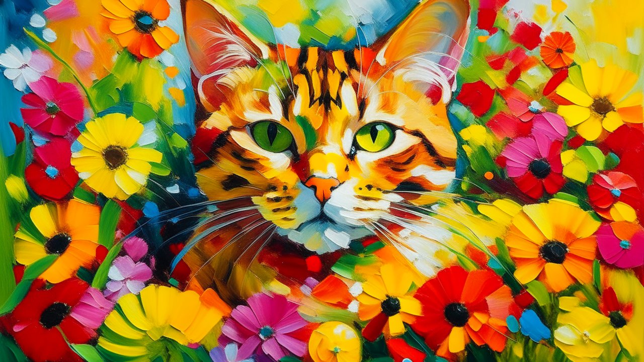 Vibrant Cat Among Colorful Flowers Painting
