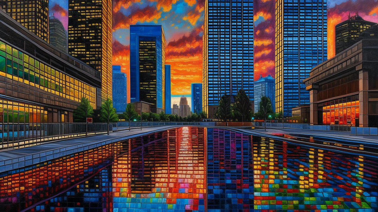 Vibrant Cityscape at Dusk with Reflective Pool