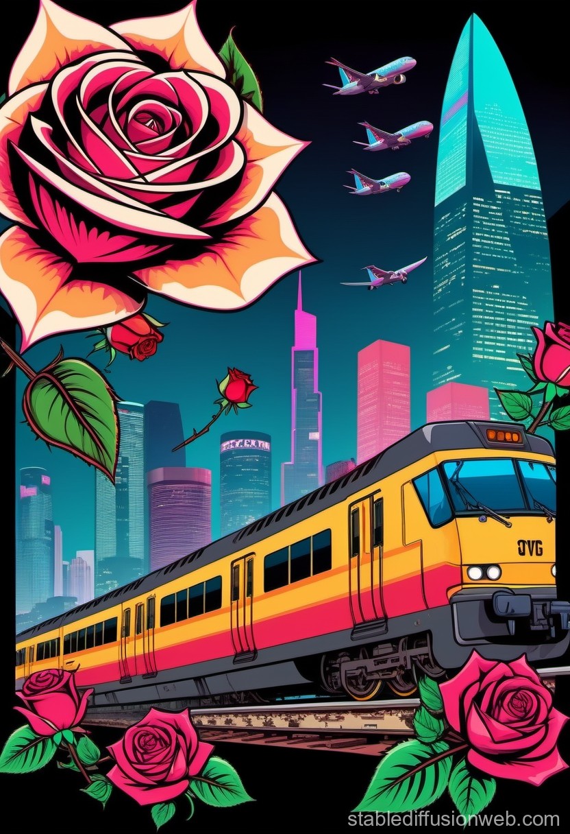 Vibrant Cityscape with Train and Roses in Neon Colors