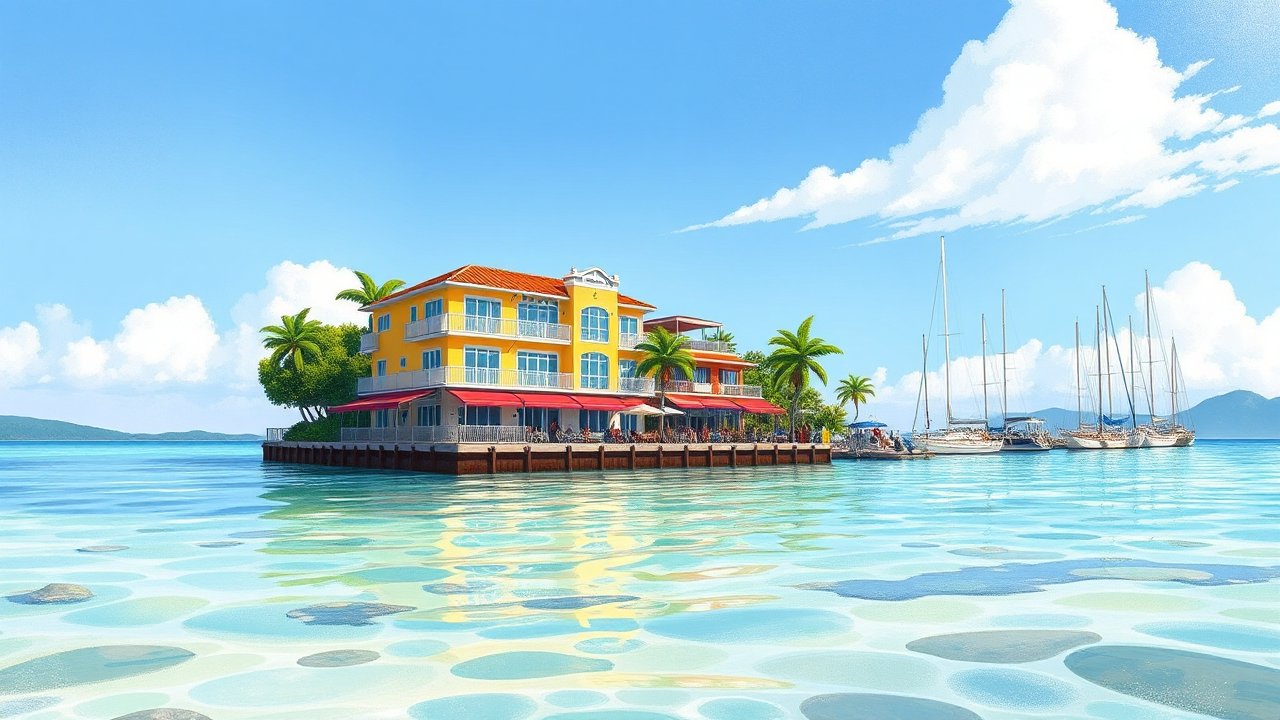 Vibrant Coastal Resort with Sailboats on Clear Water