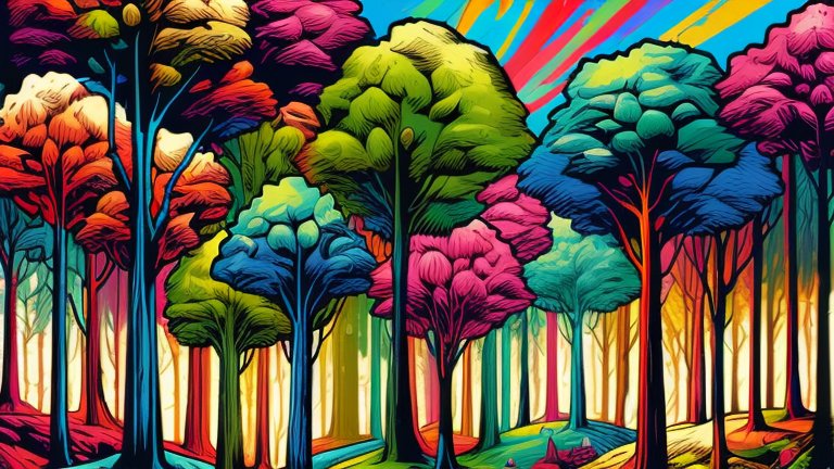Vibrant Colorful Forest Illustration with Stylized Trees
