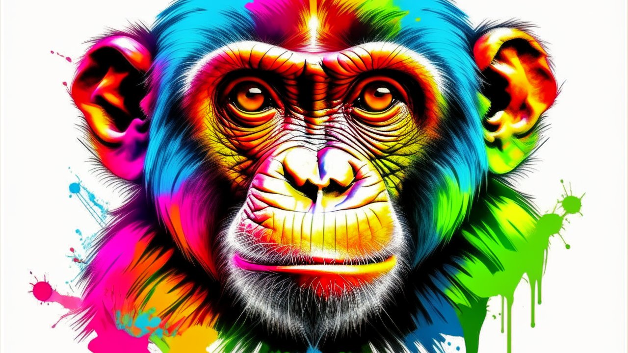 Vibrant Colorful Monkey Portrait with Paint Splashes