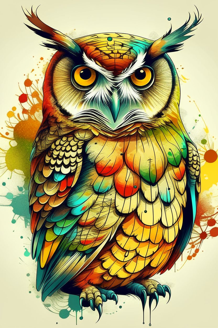 Vibrant Colorful Owl Illustration with Abstract Splashes