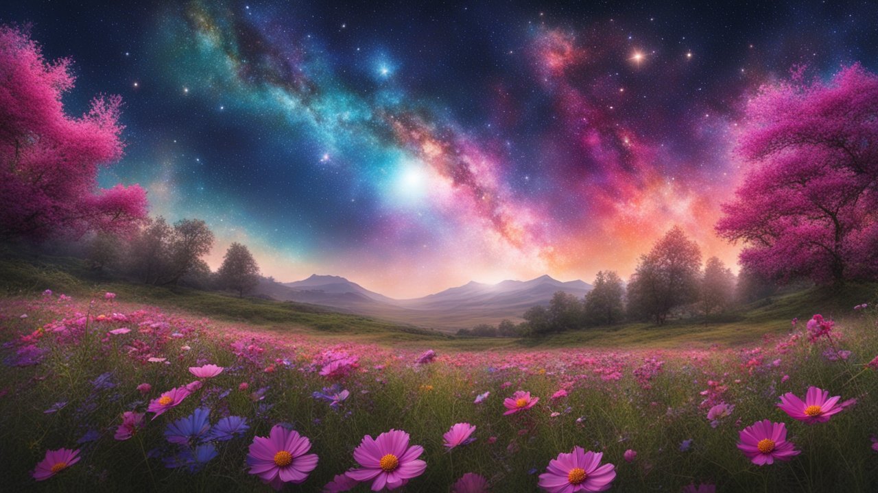 Vibrant Cosmic Night Over Flowering Meadow