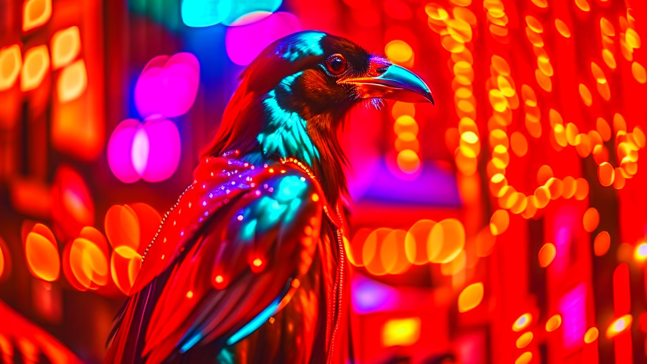 Vibrant Crow Amid Festive Neon Lights