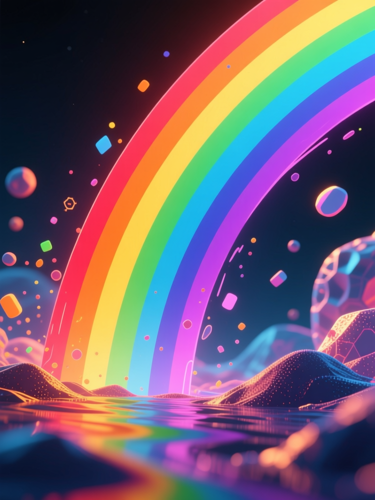 Vibrant Digital Rainbow Over Futuristic Landscape