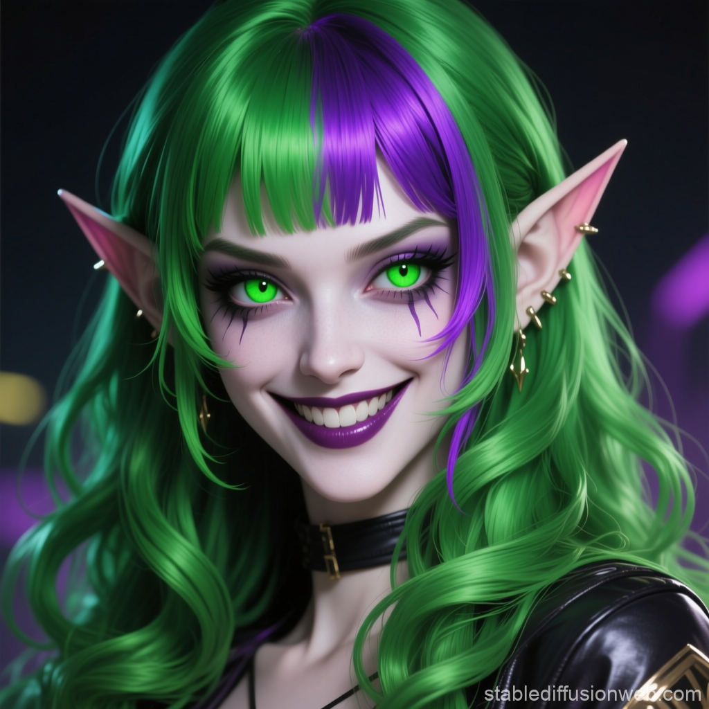 Vibrant Elf with Green and Purple Hair Smiling