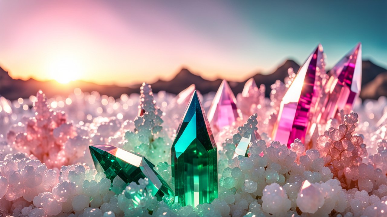 Vibrant Emerald and Topaz Crystals at Sunrise