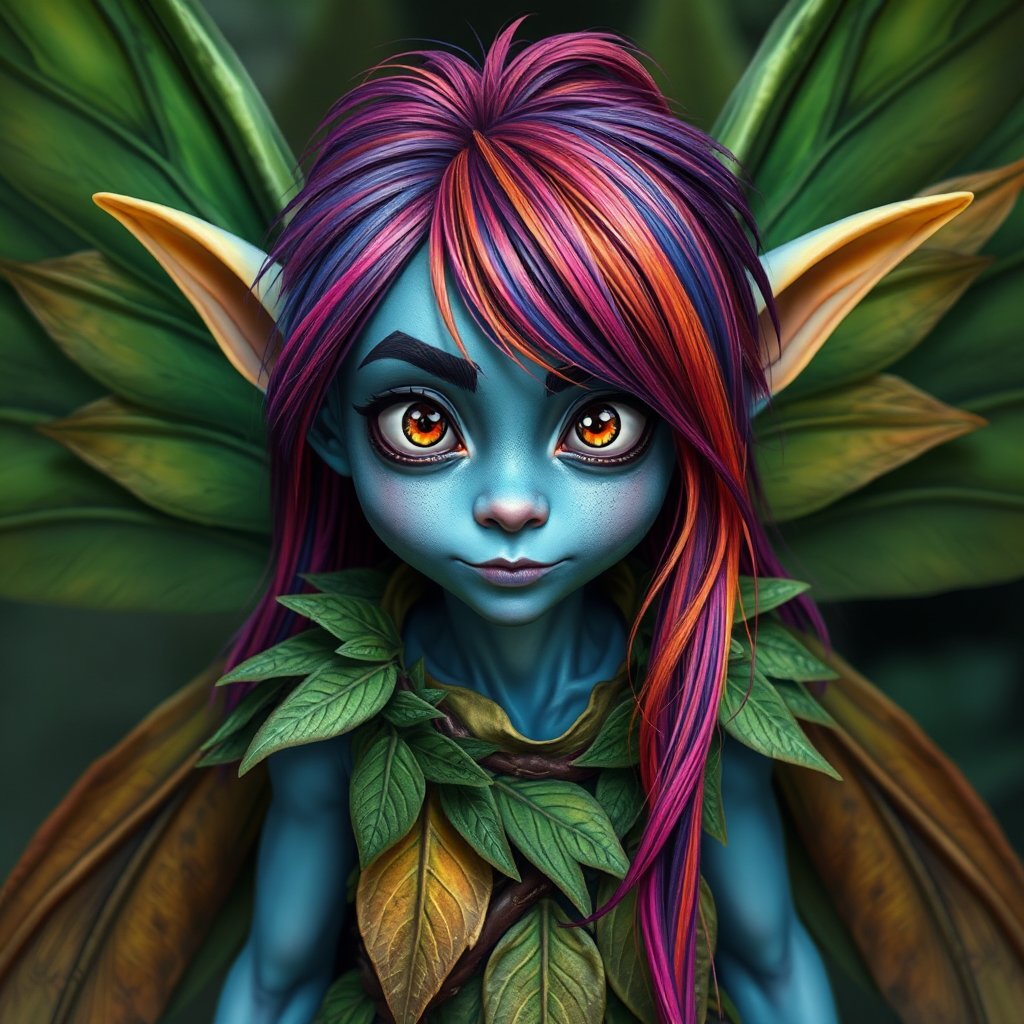Vibrant Fairy Goblin with Colorful Hair and Leafy Outfit