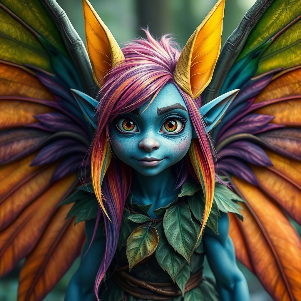 Vibrant Fairy Goblin with Large Eyes and Colorful Wings