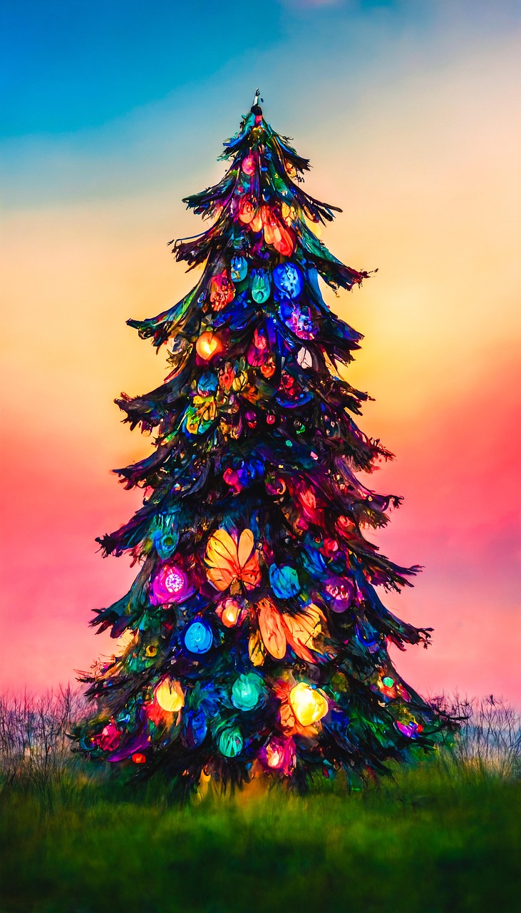 Vibrant Fantasy Christmas Tree at Sunset
