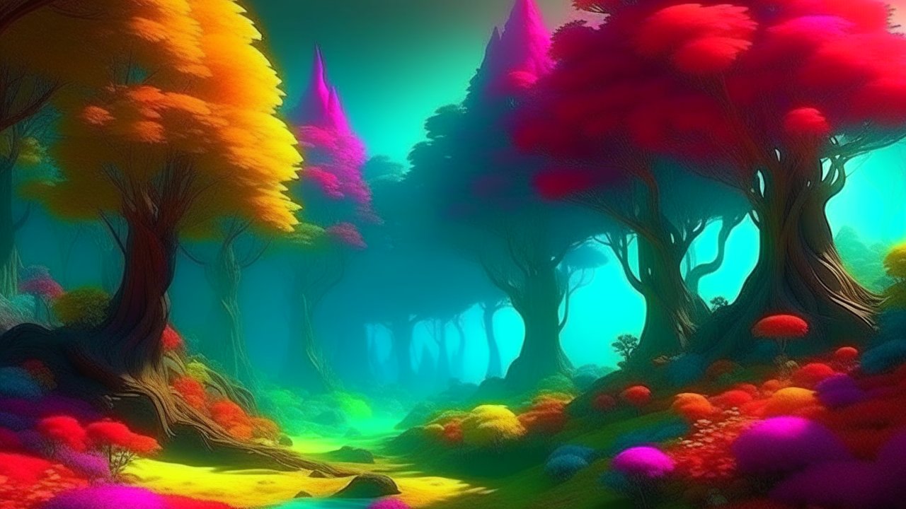 Vibrant Fantasy Forest with Colorful Trees and Glowing Atmosphere
