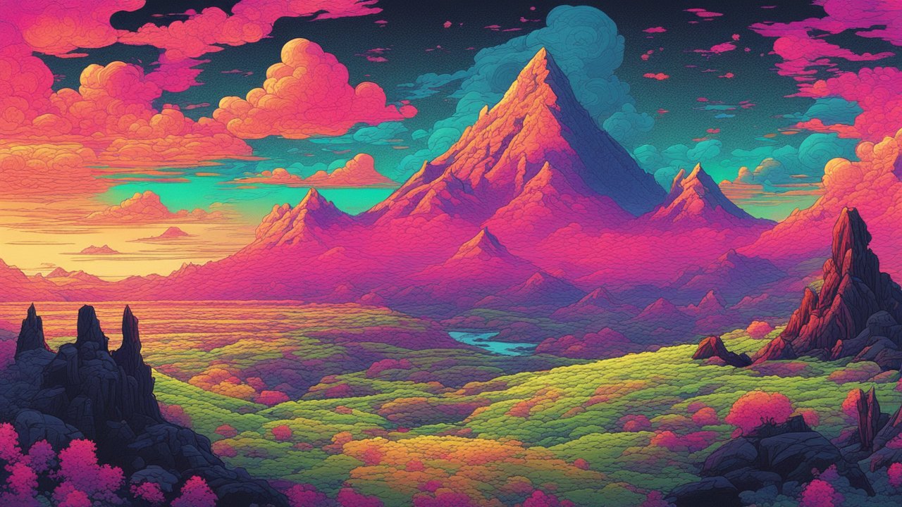 Vibrant Fantasy Mountain Landscape at Sunset