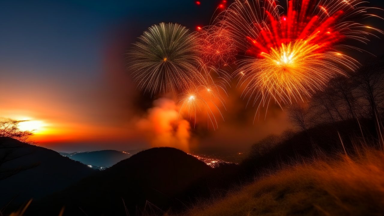 Vibrant Fireworks Over Mountain Landscape at Sunset
