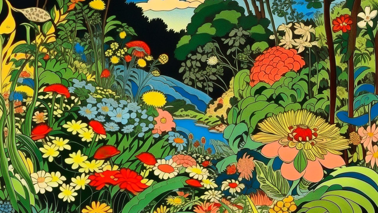 Vibrant Floral Landscape Illustration by Kuniyoshi