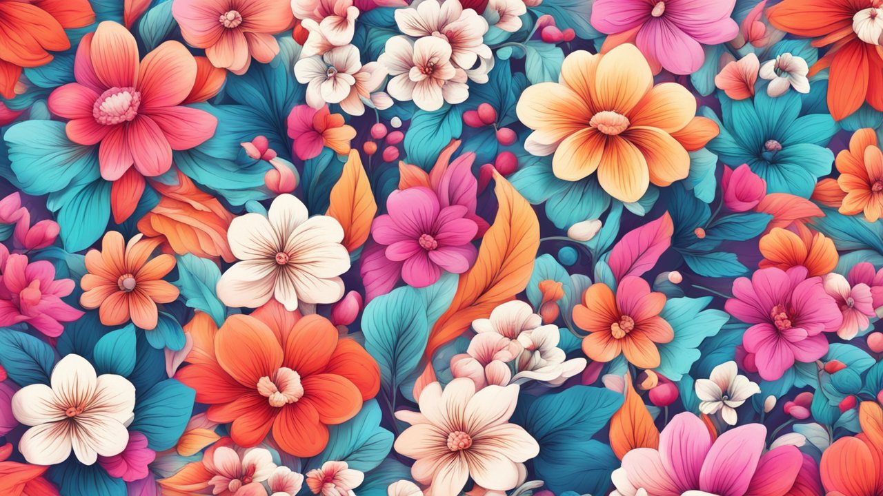 Vibrant Floral Pattern with Colorful Leaves