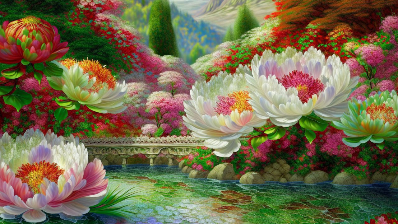 Vibrant Floral River Landscape with Ornate Stone Bridge