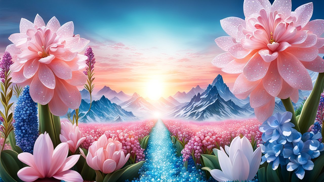 Vibrant Flower Field with Mountain Sunrise