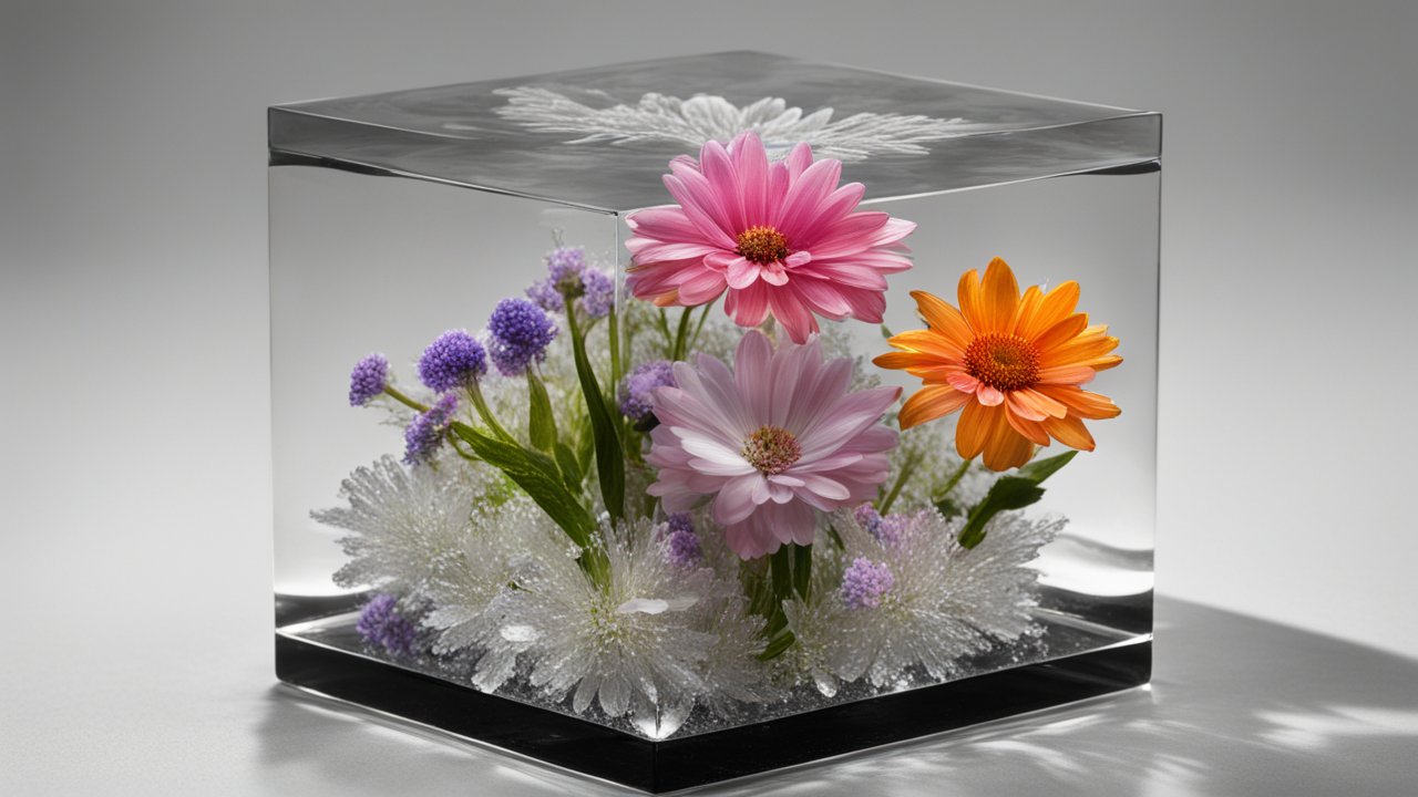Vibrant Flowers Encased in Clear Crystal Cube
