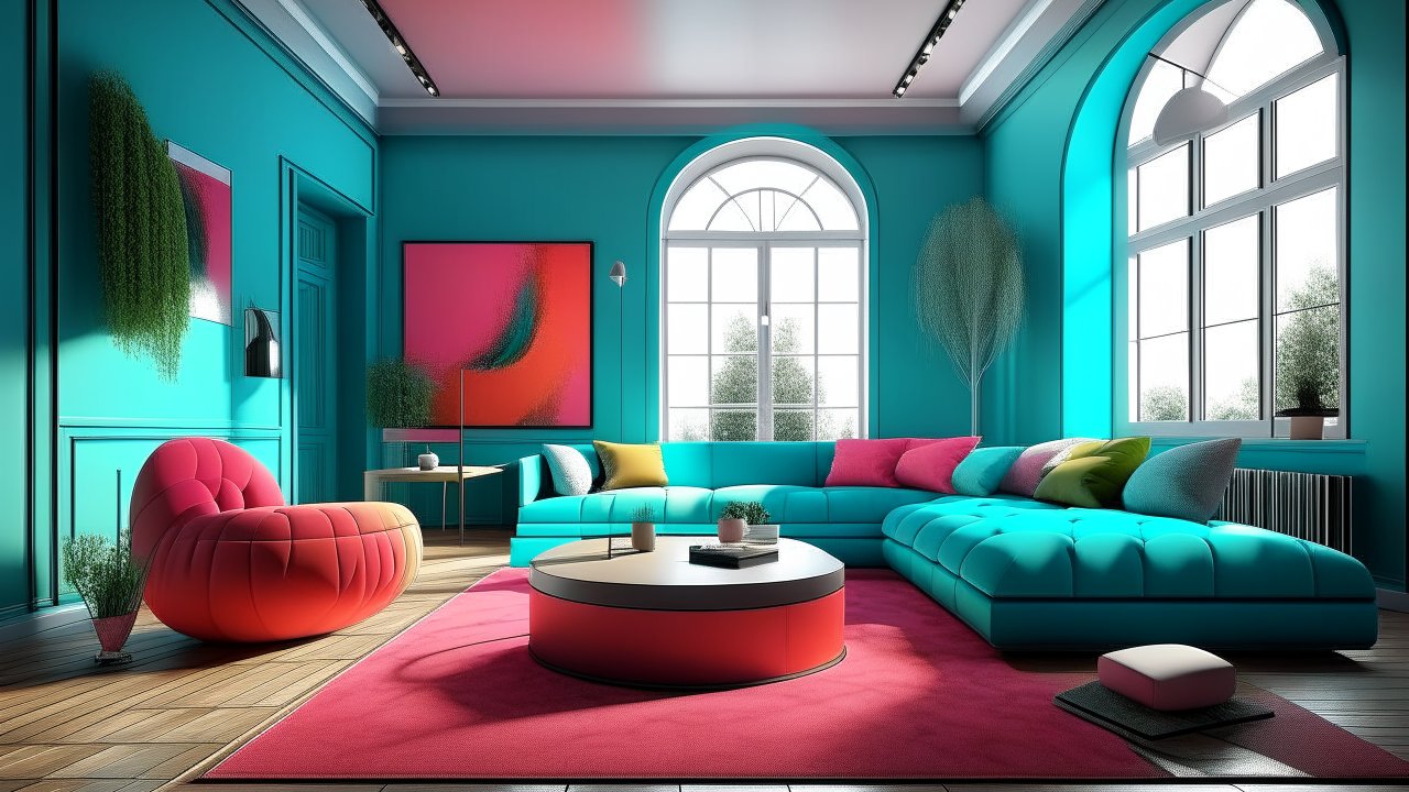 Vibrant Futuristic Living Room with Bold Colors