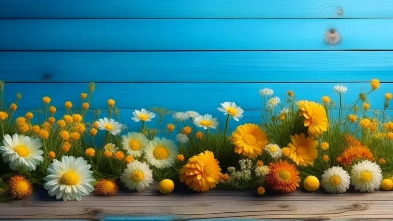 Vibrant Garden Flowers Against Blue Wooden Fence