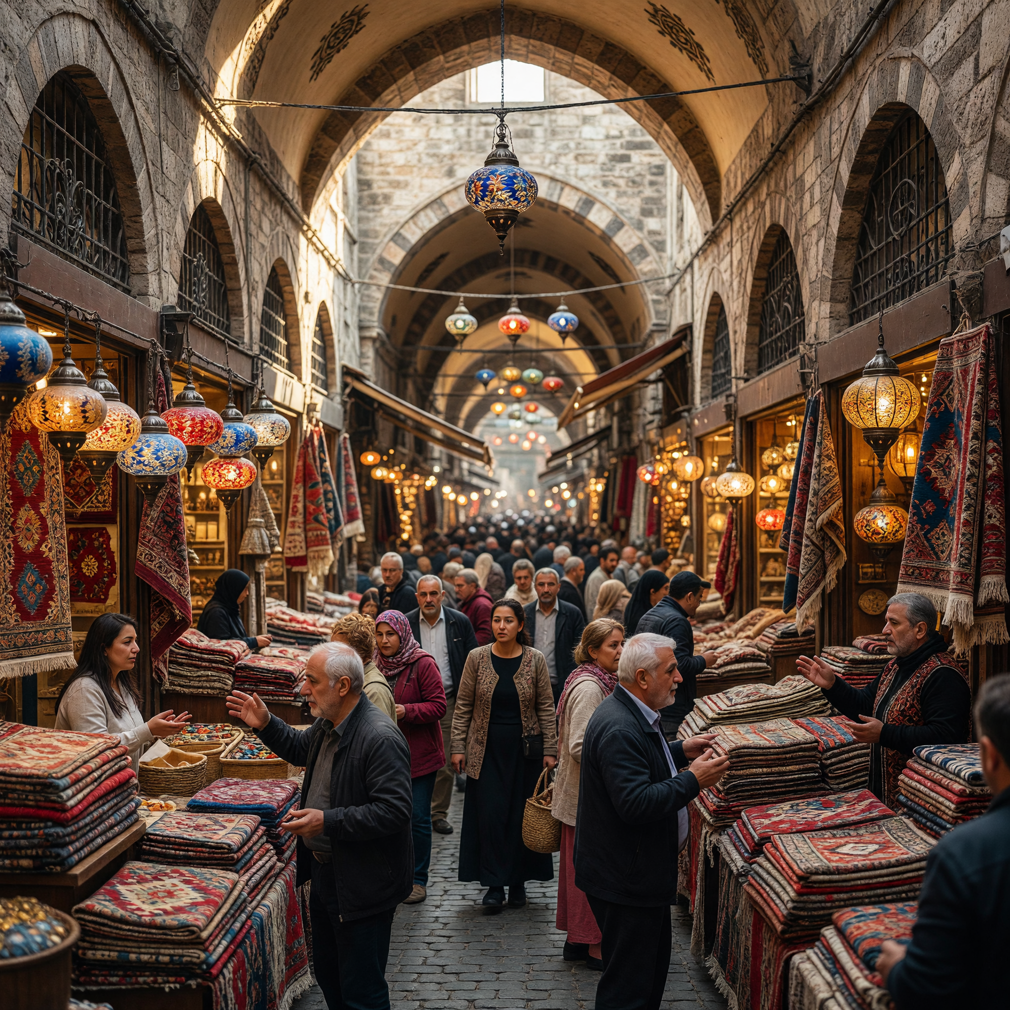 Vibrant Grand Bazaar Market in Istanbul with Traditional Rugs and Lanterns