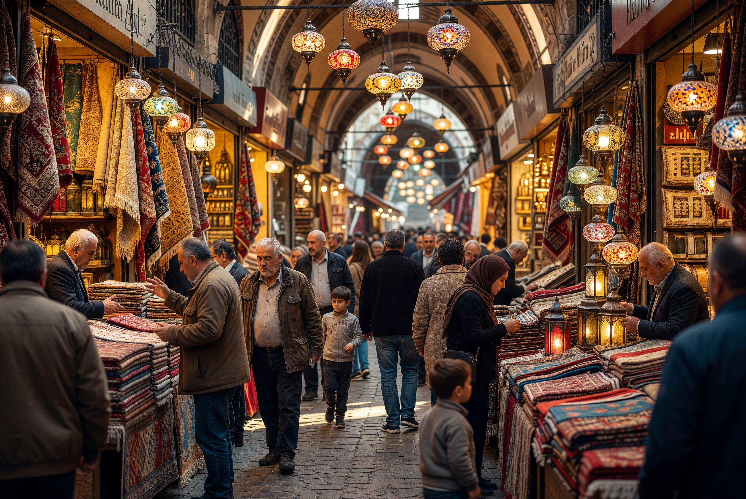 Vibrant Grand Bazaar with Colorful Rugs and Lanterns