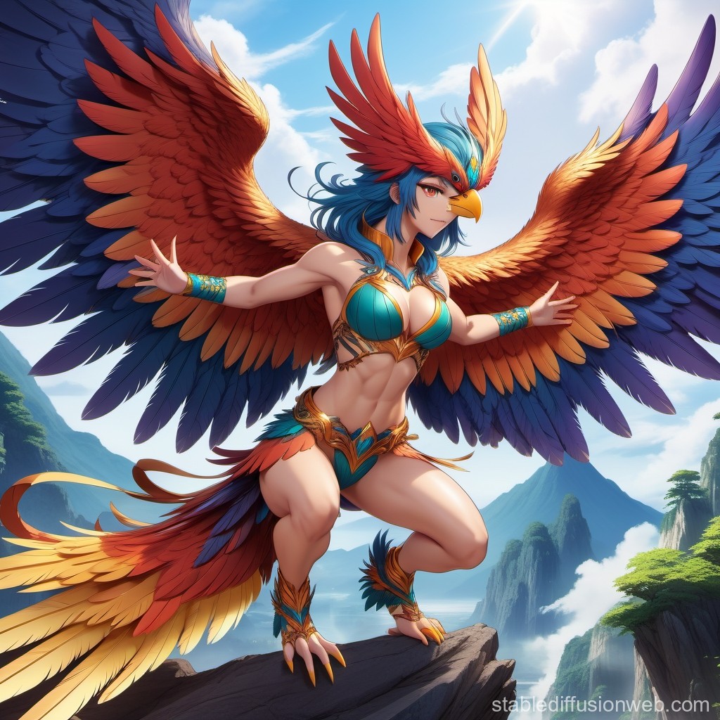 Vibrant Harpy Warrior on Mountain Cliff