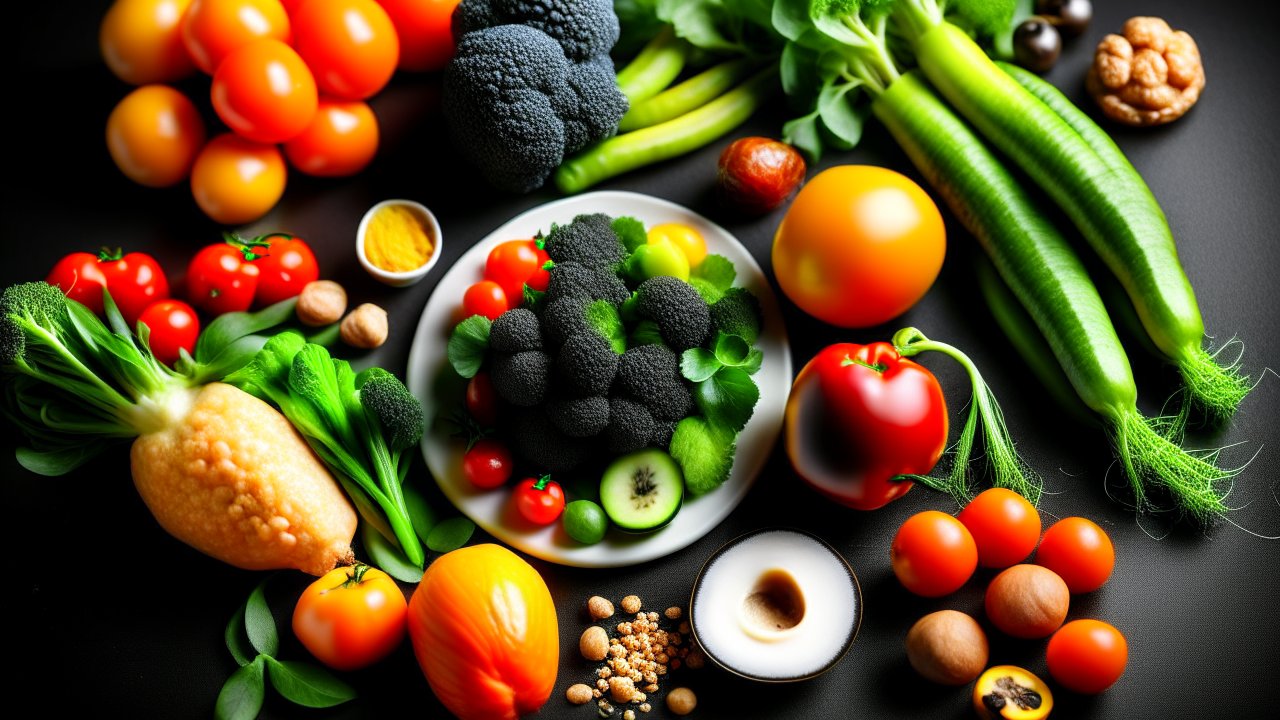 Vibrant Healthy Vegetables and Fruits Spread on Black Surface