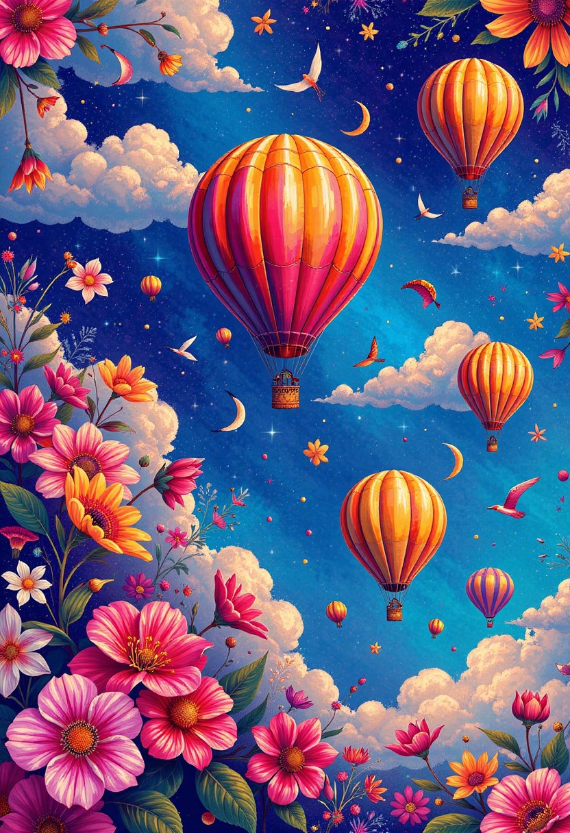 Vibrant Hot Air Balloons and Blossoming Flowers in a Dreamy Sky