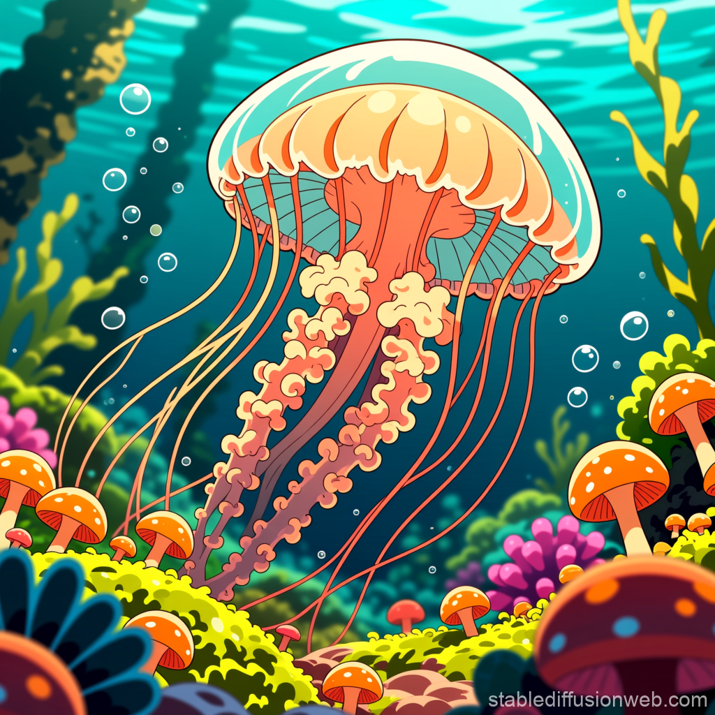 Vibrant Jellyfish Among Colorful Underwater Mushrooms