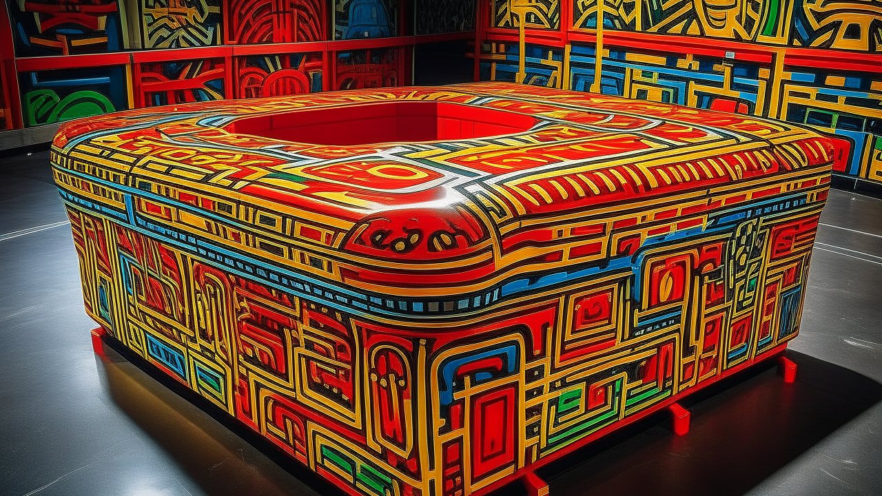 Vibrant Mechanical Coliseum with Intricate Geometric Patterns